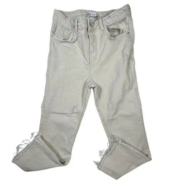 Zara Marine Straight Pants Womens White Denim High Rise Raw Hem Size 4 - Picture 1 of 11